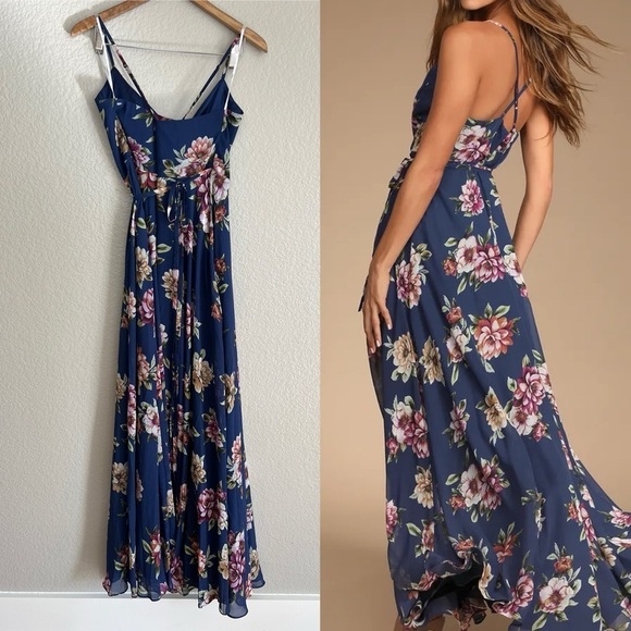 NWOT Always There For Me Navy Blue Floral Print Wrap Maxi Dress - Picture 4 of 7